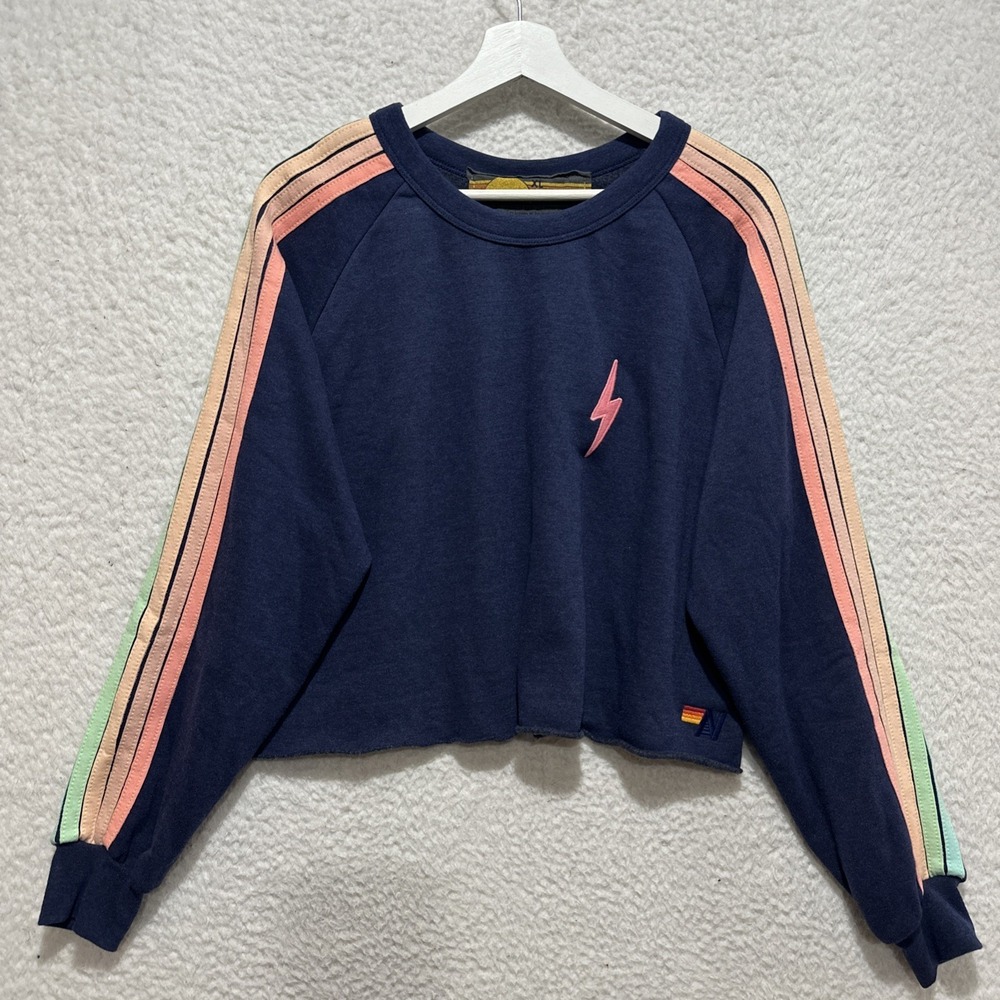 Aviator Nation Sweatshirt XL Blue Heathered Navy Neon Striped Cropped Cutoff